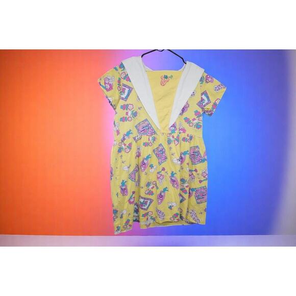 Vintage 90s Yellow Strawberry Print Sailor Dress – Kids Size 6 Snap Back – Retro - Picture 2 of 5